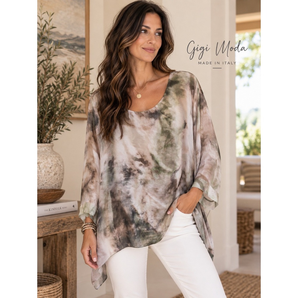 Gigi Moda Italy Silk Blend Tie Dye Poncho Top Taupe Oversized Blouse Size M